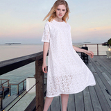 2016夏季新款 欧美白色蕾丝连衣裙中长款镂空短袖仙女宽松廓形A字