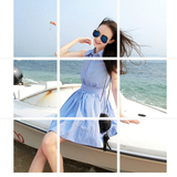 谜秀 2016夏季新款韩版中长款显瘦蓝色条纹裙子无袖衬衫连衣裙女