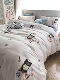 外贸出口韩版卡通刺绣四件套猫头鹰贴布绣床单款纯棉床上用品套件
