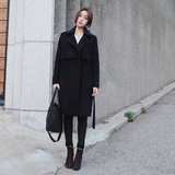 2015冬季新款韩版女装翻领修身毛呢外套女中长款束腰系带呢子大衣