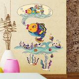 艺术手绘名族时尚卡通鱼卧室装饰墙贴纸创意客厅沙发走廊背景贴画