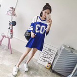 夏季新款女装韩版v领运动宽松中袖数字拼色宽松大版型T恤中长款潮