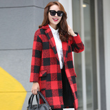 2015秋冬新款韩版红黑格子毛呢外套女中长款呢子大衣长袖潮