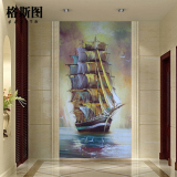 玄关过道走廊背景墙纸壁纸 3D欧式时尚无缝大型壁画 地中海油画船