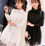 2016春夏韩版女装连衣裙蕾丝拼接长袖衬衫式打底显瘦学生A字中裙