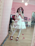 【重装小兔】日系可爱软妹少女感红色抽带蕾丝纯白连衣裙