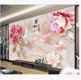 3d立体中式客厅壁画电视背景墙纸家和富贵玉雕玫瑰花壁纸卧室装饰