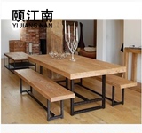 实木餐桌铁艺咖啡厅桌椅loft长方形复古办公桌美式长凳做旧餐桌椅