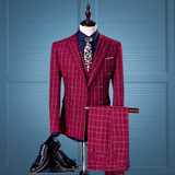 柏裳双排扣大红色复古方格子西服三件套装男时尚英伦影楼西装礼服