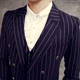 春款 韩版男士修身竖条纹加厚西服三件套双排扣西装套装新郎礼服