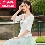 夏季中国风女装中袖茶服女棉麻改良汉服对襟上衣复古民国中式服装