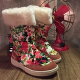 外贸秋冬款涂鸦艺术花卉中筒雪地靴缎布真皮平底保暖靴子女