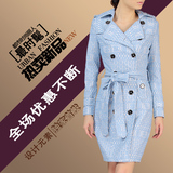 春装新款韩版修身淑女中长款长袖双排扣女式休闲系带风衣外套包邮