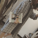 2016夏季女装韩版原宿风宽松学院风百搭七分袖中长款格子衬衫外套