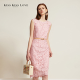 kisskisslove欧美大牌2016夏新款无袖蕾丝裙中长款粉色蕾丝连衣裙