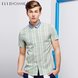 ELLE HOMME男装衬衫 夏季新款拼接格子条纹简约时尚休闲短袖衬衫