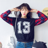 学院风2016春装新款韩版少女格子袖拼接卫衣初中高中学生上衣T恤