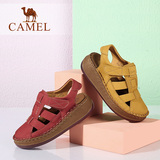 Camel/骆驼女鞋夏季新款舒适厚底牛皮魔术贴休闲鞋坡跟包头凉鞋女
