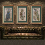 卡农实木金箔框 美式客厅装饰画 欧式玄关挂画三联墙画壁画 孔雀