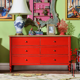 新中式新古典实木家具大红色6抽屉斗柜餐边柜做旧风格储物柜