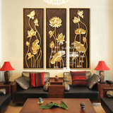 东南亚泰式风格纯手绘油画别墅客厅玄关装饰画抽象画挂画荷花三联