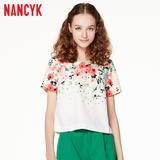 Nancyk2016夏装新品直筒短款韩系时尚碎花短袖圆领衬衫T恤 女