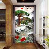 新款山水画迎客松鹤 艺术玻璃门口玄关 柜子隔断中式风格风景如画