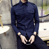 韩版青年色织布衬衣男士修身衬衫长袖常规男装潮杰克琼斯巴奴