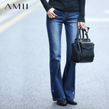 Amii[极简主义]2015冬新品宽松水洗磨白微喇叭牛仔长裤女11572127