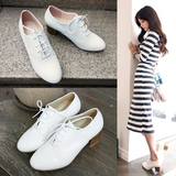 2015春秋新款系带小白鞋中跟圆头真皮粗跟单鞋休闲舒适韩版女鞋