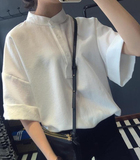2016夏装新款韩国学生白色蝙蝠袖女装短袖衬衫宽松显瘦立领T恤潮