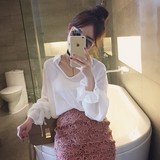 夏季韩版衬衣2016纯色V领花瓣袖修身雪纺衬衫打底衫长袖上衣女装