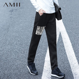 Amii2016春新女大码显瘦橡筋抽绳印花休闲长裤棉质韩版舒适卫裤