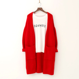 2015韩版秋季休闲宽松毛衣外套中长款大码大红色针织衫女外搭开衫