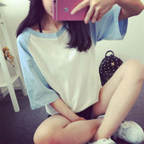 T恤女夏季新款韩国宽松短袖中长款拼色学生装女士半袖体恤打底衫