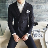 韩国新款经典绅士英伦风双排扣小西装男修身欧美潮流西服三件套装
