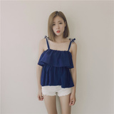 夏季新款韩版女装修身纯色双层荷叶边背心气质系带吊带上衣+H46