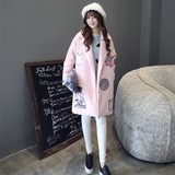 2015秋冬韩国中长款卡通刺绣毛呢外套女学生修身长袖粉色呢子大衣