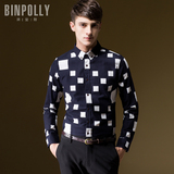 BINPOLLY2015秋冬男士长袖衬衫英伦修身加厚保暖磨毛格子衬衣潮