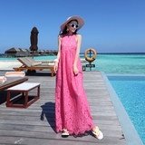夏韩版玫红蕾丝高腰修身海边度假沙滩裙中长款显瘦长裙连衣裙女