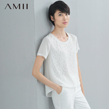 Amii品牌女装旗舰店夏季新款宽松蕾丝拼接前短后长短袖雪纺衫上衣