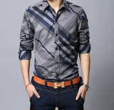 夏季春秋薄款男士长袖格子衬衫青年韩版修身型休闲纯棉衬衣大码潮