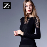 ZK2016春装新款套头毛衣女装镂空蕾丝毛线衣黑色修身打底针织衫女