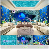 无缝3D5D海底世界海豚大型壁画客厅电视壁纸幼儿园游泳池墙纸