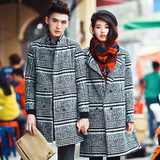 春季情侣装韩版修身中长款男女学生呢子大衣西装领青年毛呢外套