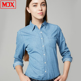 MJX2016春秋季新款纯棉水洗牛仔长袖衬衫中长款女修身情侣衬衣潮