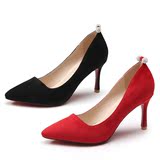 卓诗尼2016春款新款单鞋尖头细跟高跟时尚绒面女鞋子黑色红色婚鞋