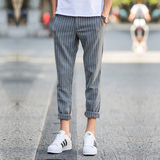 韩国夏季条纹裤男长裤小脚男士竖条纹休闲裤发型师灰色修身锥形裤