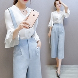 2016春季新款韩版时尚显瘦休闲套装女七分袖上衣背带阔腿裤两件套