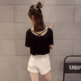 夏季女装韩版短款个性露背冰丝t恤女短袖宽松大圆领薄款微透上衣